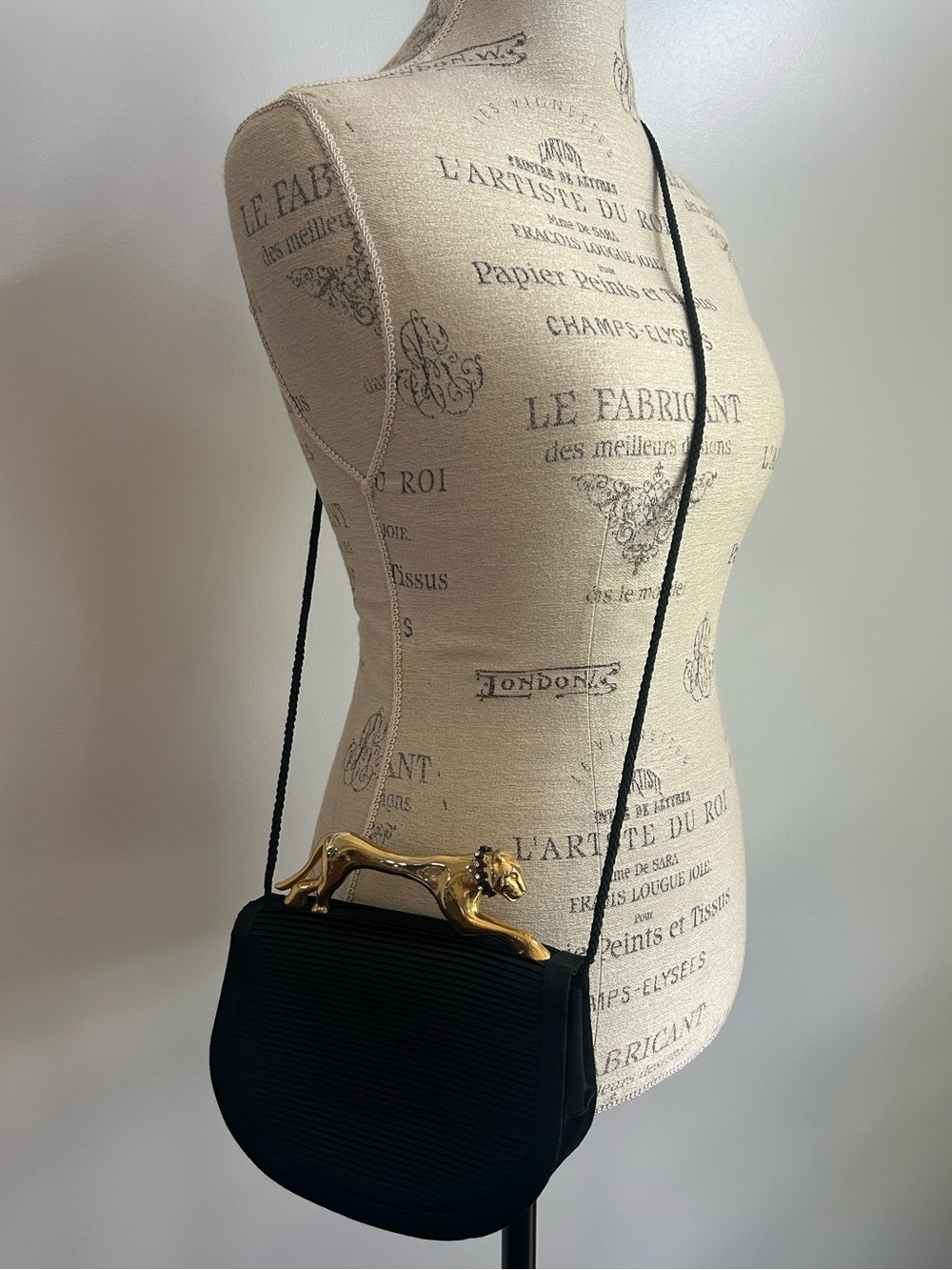Sasha Vintage Handbag Gold Panther Cougar Cat Handle Black Purse Bag